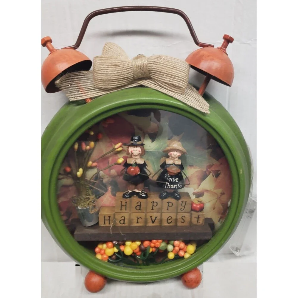 Blackout Lighted Round Wall Clock, FALL,HAPPY HARVEST,PILGRIMS GIVE THANX,GI
